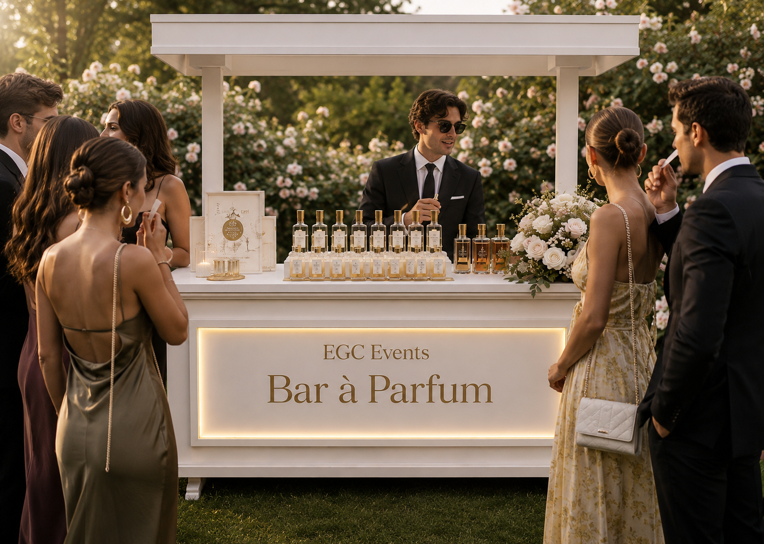 Bar à parfum EGC Events lors d’un mariage dans un jardin