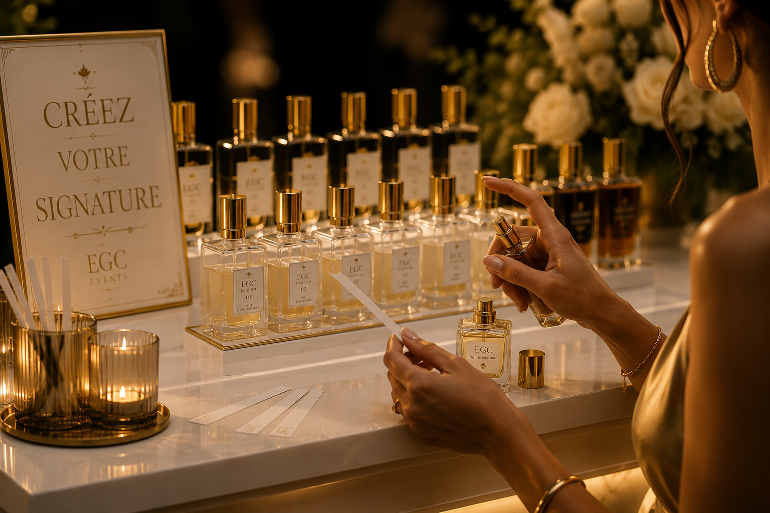 Invitée testant une fragrance au bar à parfum