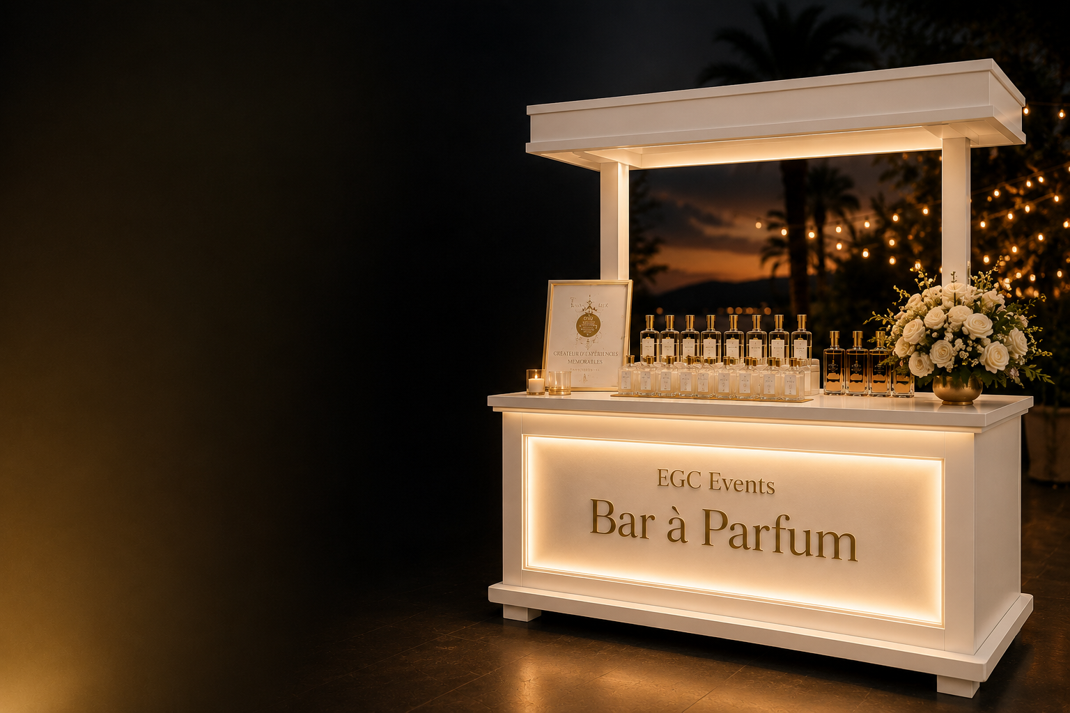 Bar à parfum EGC Events installé en soirée avec fleurs et bougies