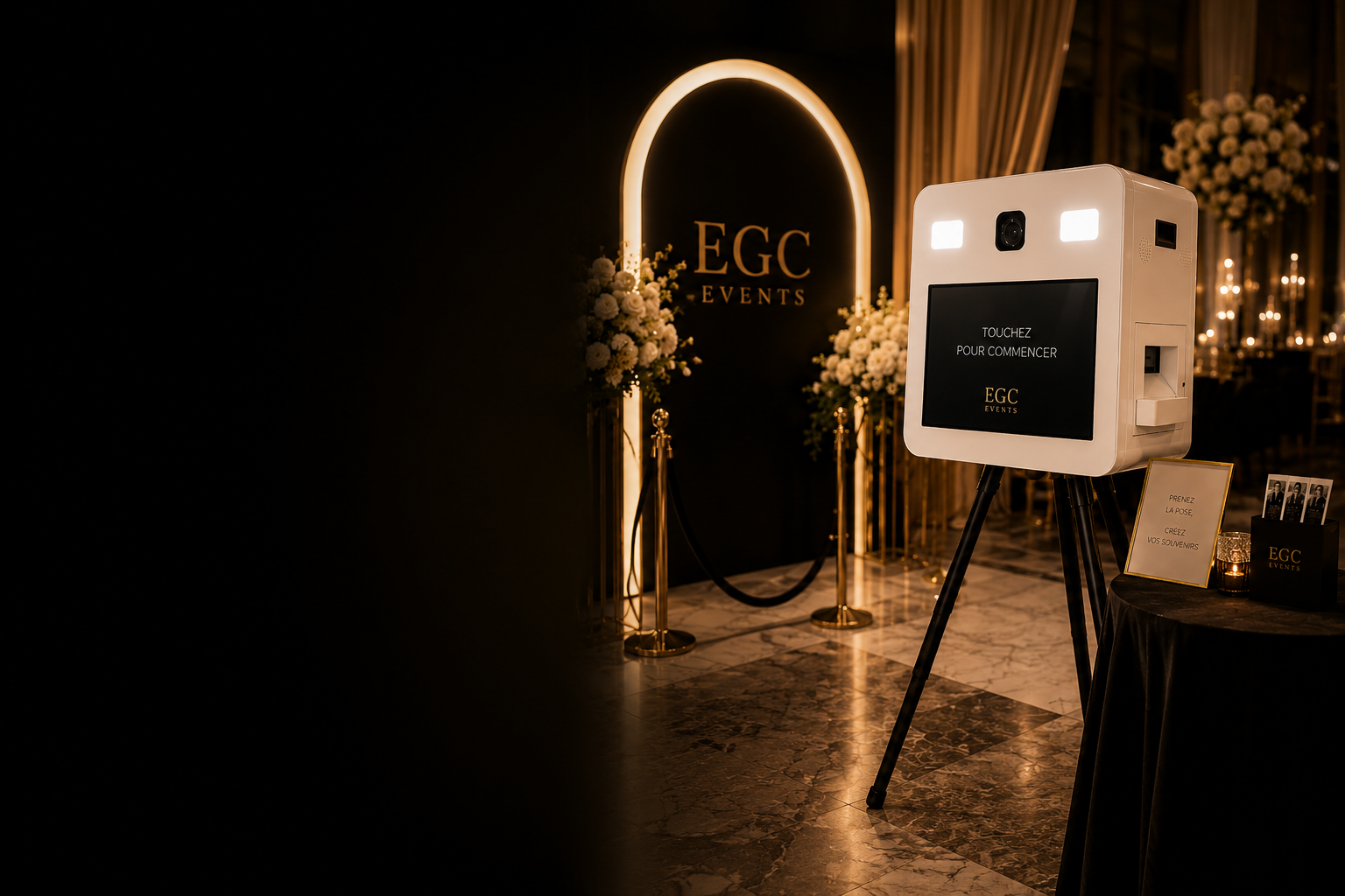 Photobooth EGC Events installé sous une arche florale lors d’un mariage